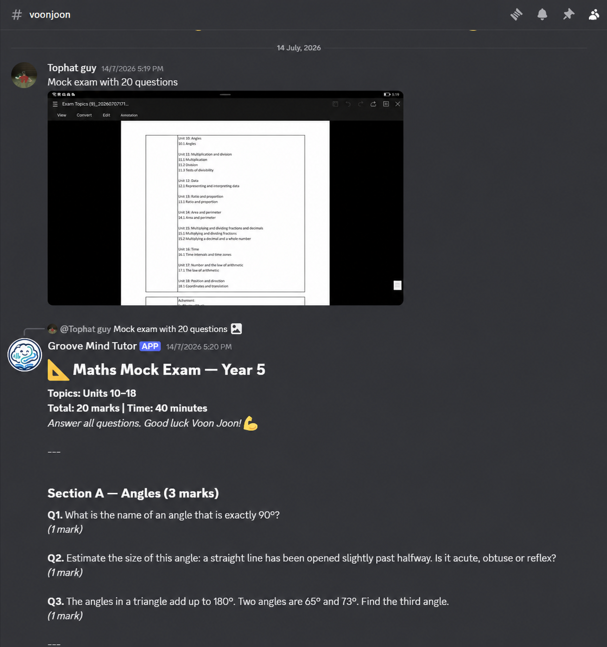 IGCSE AI tutoring session in Discord showing guided maths help and homework marking